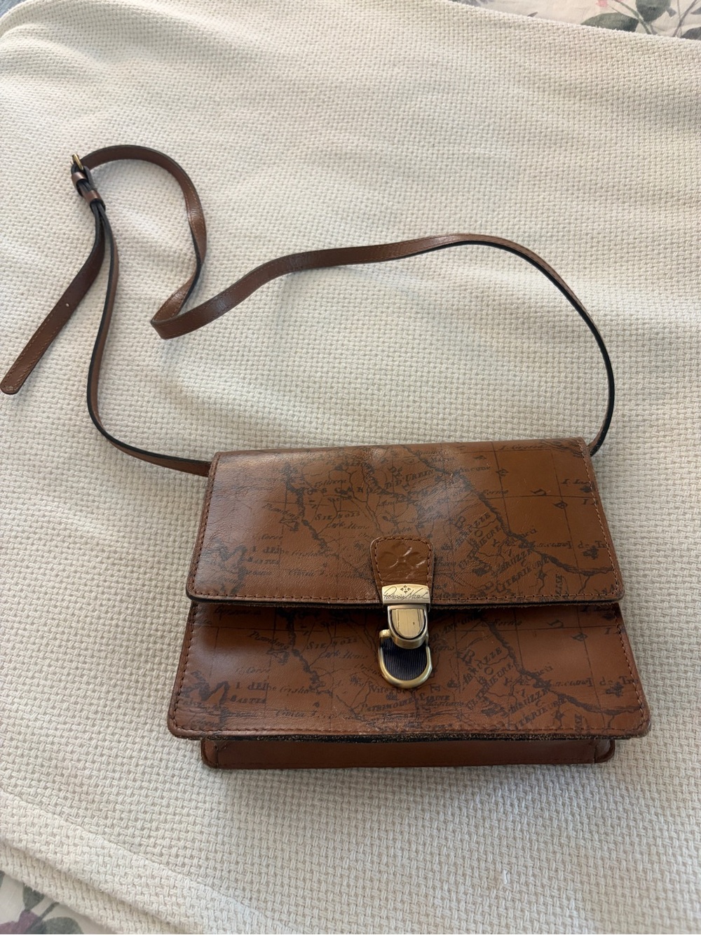 Patricia Nash Brown Map-Print Leather Crossbody with Gold Hardware